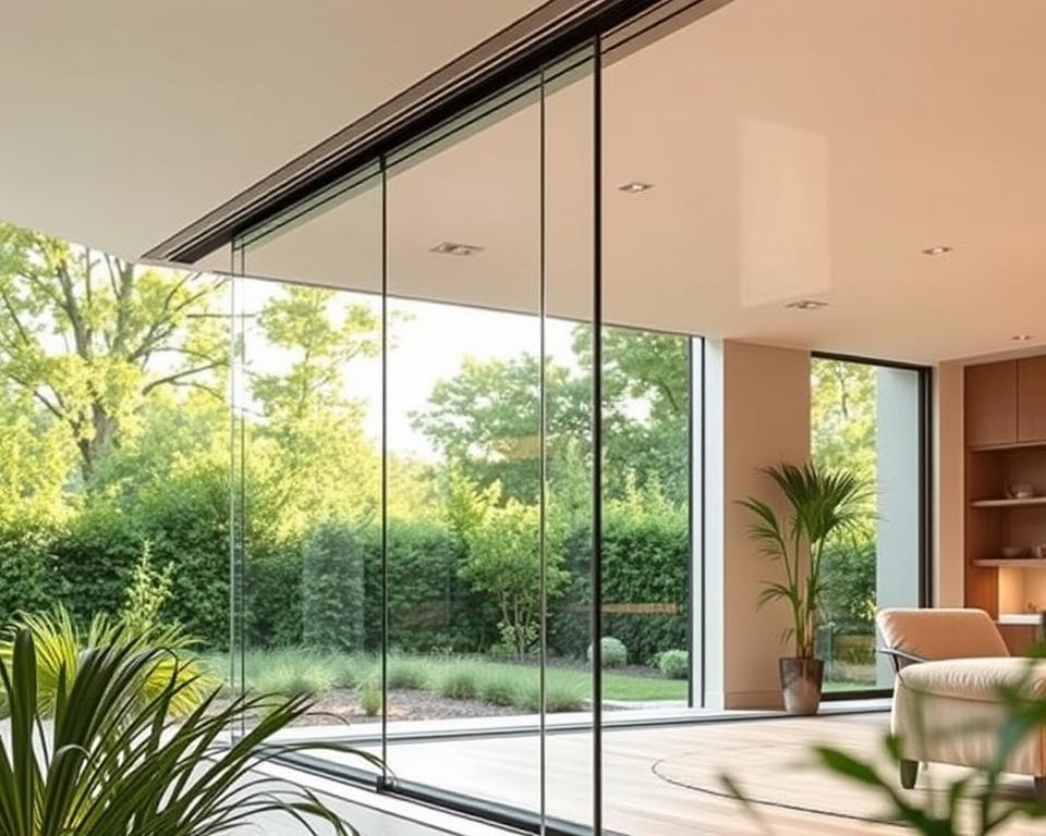 Detailed, modern glass sliding wall system against a bright, natural outdoor backdrop in Houthalen. Sleek, minimalist RADOLUX design with clean lines and seamless transitions. Frameless tempered glass panels effortlessly glide on a sturdy, concealed track. Warm, ambient lighting accentuates the transparent, airy aesthetic. Lush greenery and a peaceful, inviting ambiance create a harmonious, open living space transitioning from indoors to outdoors. Precise, high-quality craftsmanship showcases the versatility and durability of this glass sliding wall solution.