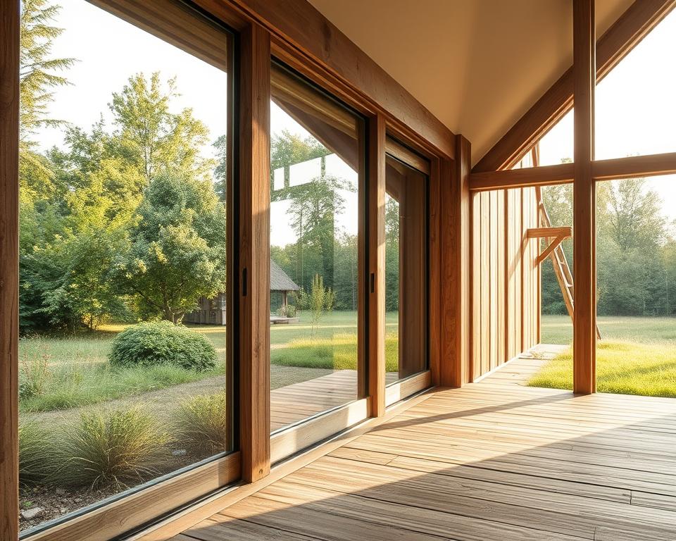 Expertly crafted glass sliding wall in a rustic, rural setting near Westerlo. A RADOLUX showcase piece, meticulously designed with clean lines and seamless glass panels that elegantly blend indoor and outdoor living spaces. Warm, natural lighting filters through the large, panoramic windows, casting a soft glow over the weathered wooden frame and surrounding lush greenery. The sliding mechanism operates smoothly, highlighting the premium quality and local craftsmanship. This bespoke glass wall solution embodies the region's artisanal tradition and commitment to energy-efficient home design.