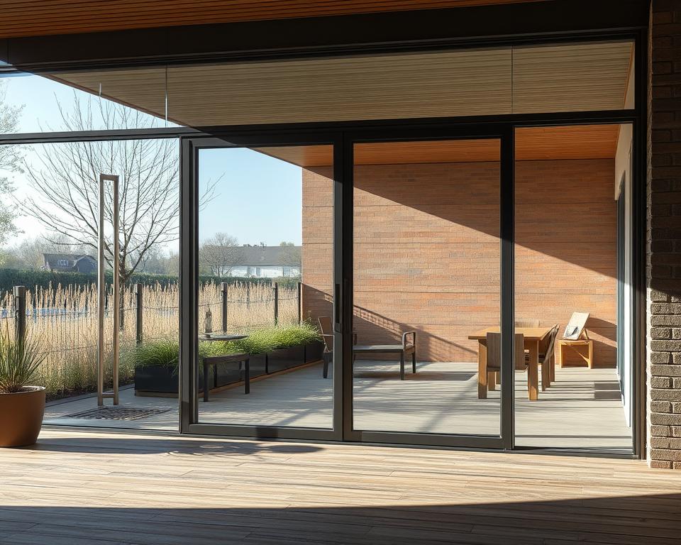 Genereer een afbeelding van een glazen schuifwand voor buiten in Heerlen