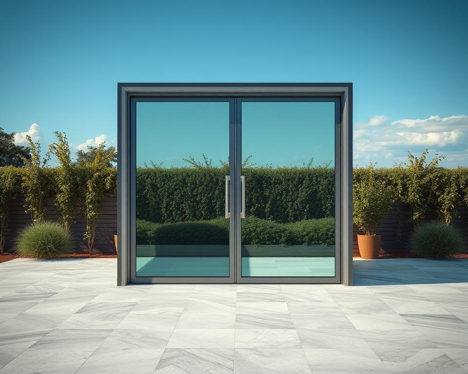 Genereer een afbeelding van een glazen schuifwand voor buiten