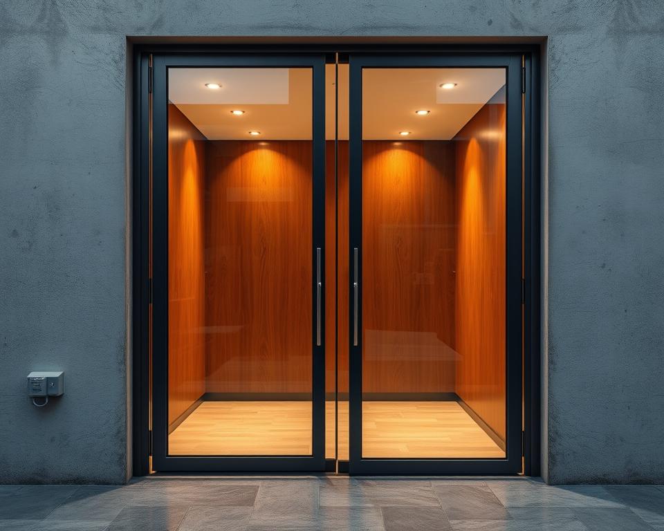 Genereer een afbeelding van een moderne glazen schuifwand in de Steel Look-collectie