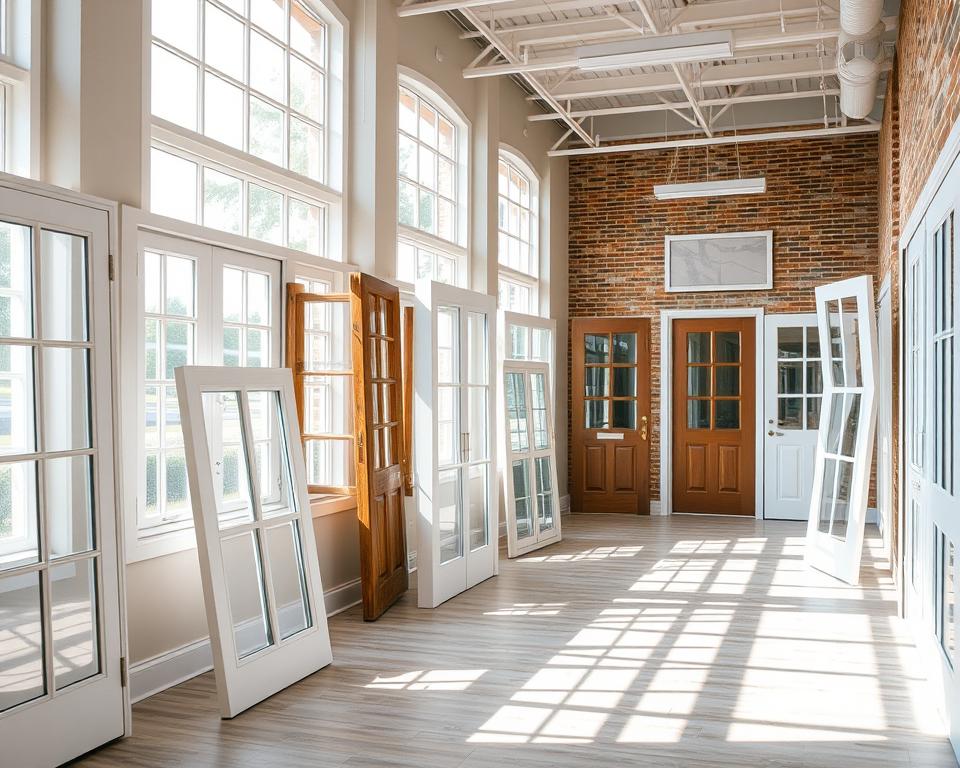 Genereer een afbeelding van een showroom met diverse ramen en deuren