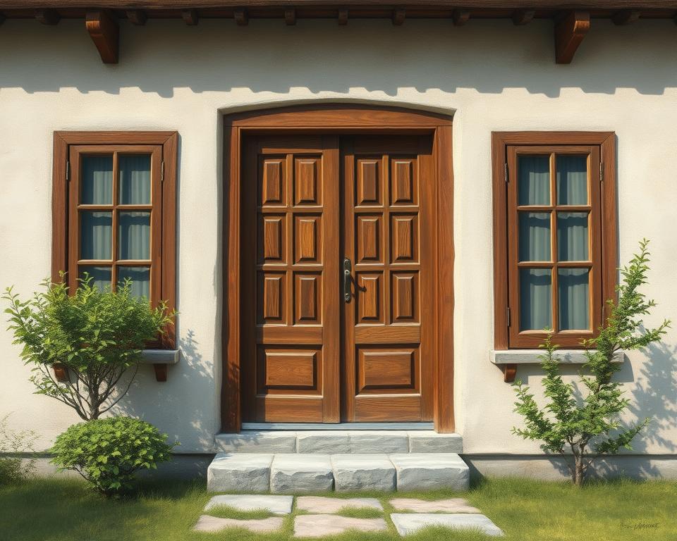 Genereer een afbeelding van houten ramen en deuren in een traditionele woning