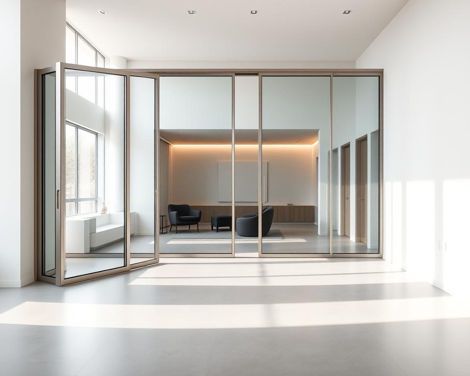 High-quality, modern glazed sliding walls in a spacious, minimalist interior. Sleek, floor-to-ceiling RADOLUX glass panels seamlessly glide open to reveal an adjacent room, allowing natural light to flow through. Polished aluminum frames and tempered glass panels create a sense of airy, open design. Indirect lighting casts a warm glow, highlighting the clean, sophisticated aesthetic. The layout offers a flexible, dynamic space that can be easily reconfigured. This versatile, durable RADOLUX glazen schuifwand system embodies both functionality and timeless visual appeal.