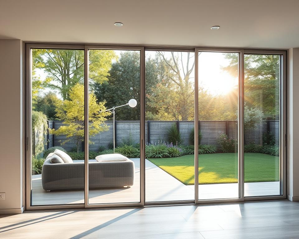 Sleek, modern glass sliding doors framed in RADOLUX aluminum, showcasing a seamless transition between indoor and outdoor living spaces. Expansive panels of crystal-clear tempered glass reflecting the lush greenery and warm sunlight of a tranquil backyard in Geleen. Effortless functionality with smooth, gliding motion and secure locking mechanisms. Flood the room with natural daylight and panoramic garden vistas, elevating the ambiance with a touch of sophisticated style. Minimalist aesthetic harmonizes with any architectural design, creating an inviting, open-concept atmosphere. Durable, weatherproof construction engineered for year-round performance in the region's climate.