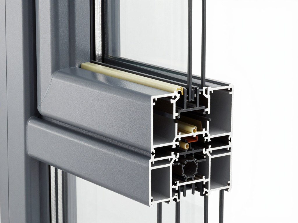Doorsnede van een aluminium raam met thermische onderbreking