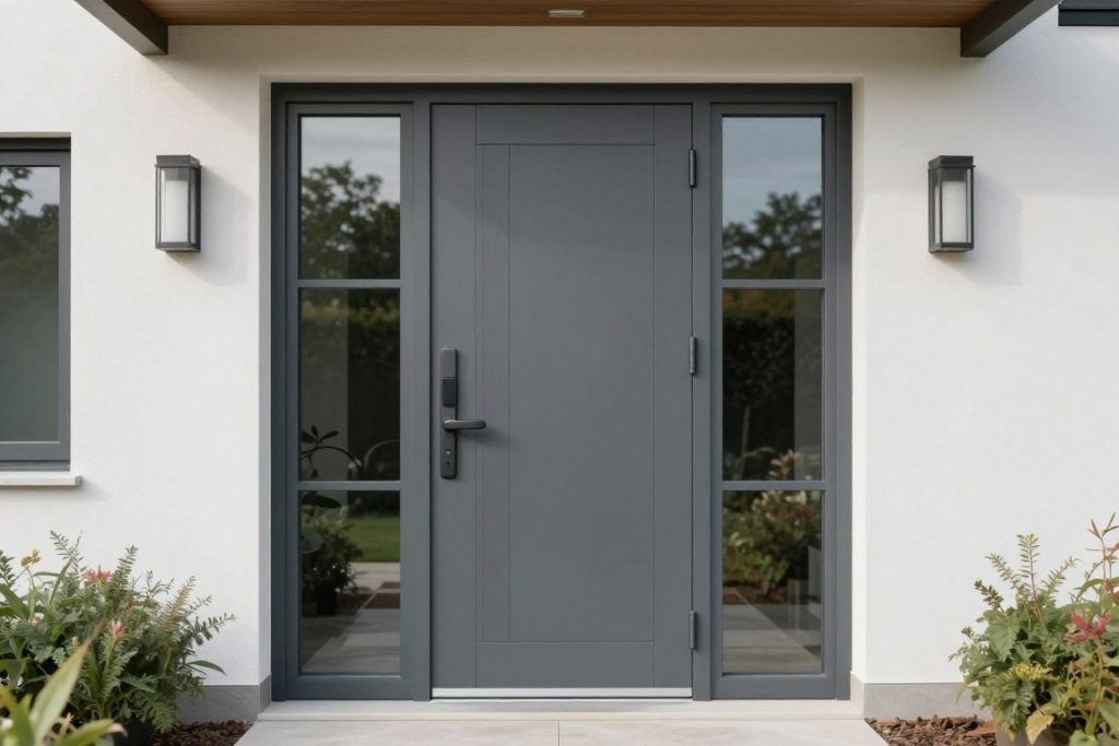 Moderne aluminium voordeur in een woning in Limburg