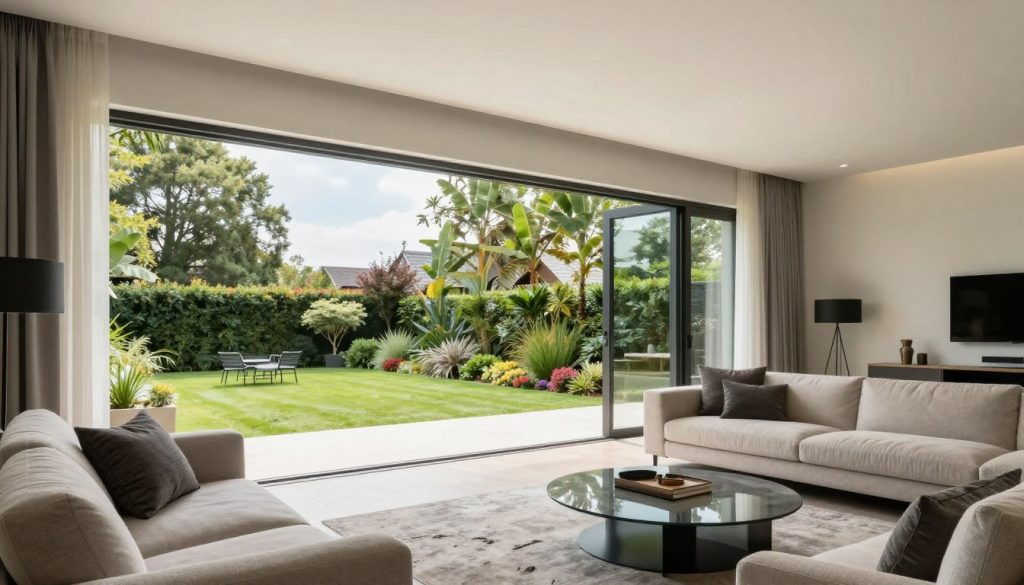 Woonkamer met groot hefschuifraam naar tuin natuurlijk licht